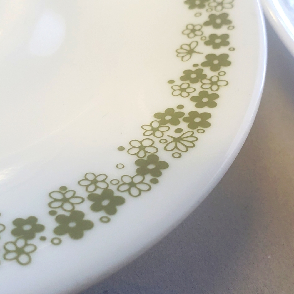2 Corelle saucers with Pyrex spring blossom print